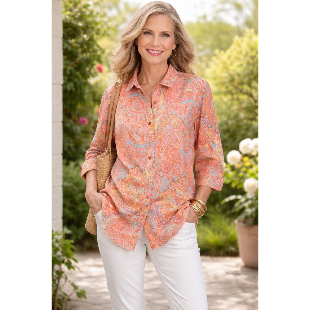 Chicos No Iron Button Down Top Size 3 (XL) Linen 3/4 Sleeve Paisley Funky Blouse